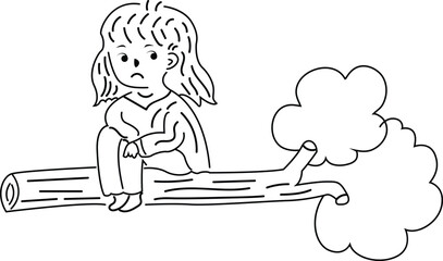 Illustration of a girl sitting on a tree bough and feeling sad drawing line art
