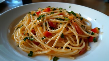 A plate of whole-grain pasta tossed with sautéed vegetables, fresh herbs, and a light olive oil dressing 