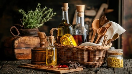 A beautifully arranged gift basket with oils, vinegar, and rustic wooden kitchen tools on display