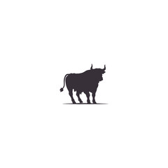 Bull set. Stylized silhouettes of standing in different poses and butting up bulls. Isolated on white background. Bull logo designs set. Vector illustration