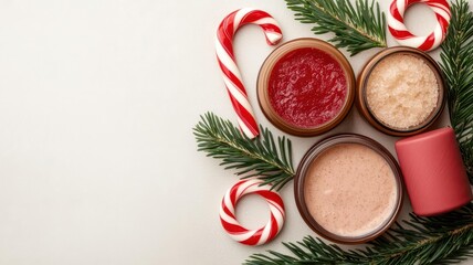 A closeup of spa products like scrubs and oils arranged with candy canes and evergreen branches, 3D render