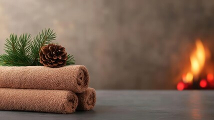 A holiday spa retreat with an essential oil gift set, displayed next to a warm Christmas fireplace, 3D render