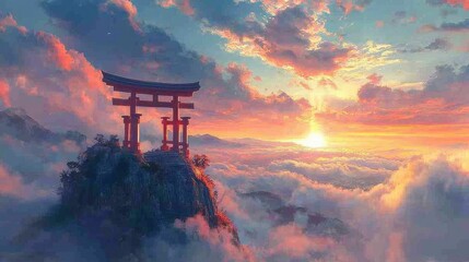 A classic red Torii gate on a mountaintop, with layers of colorful clouds and a distant rainbow