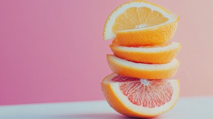 Stacked orange slices on a pastel background, showcasing vibrant colors and fresh fruit appeal.