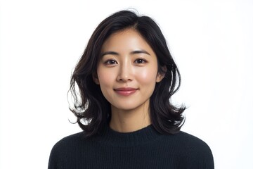 Young asian woman smiling and posing on white background