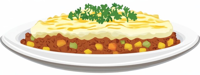 A plate of hearty shepherd's pie with mashed potatoes and ground beef, isolated white background, abstract art style