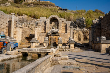 Rows of columns in Perge, Antalya, Turkey. Remains of colonnaded street in Pamphylian ancient city.Rows of columns in Perge, Antalya, Turkey. Ancient Kestros Fountain. Aksu, Antalya