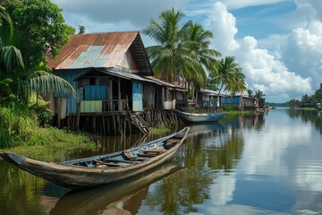 Naklejka premium Wooden boats floating on river by stilt houses in tropical village