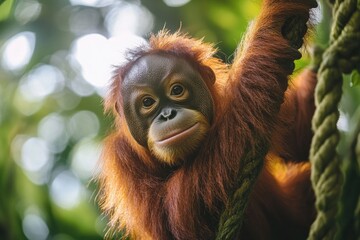 Fototapeta premium Baby orangutan hanging on rope in lush green forest
