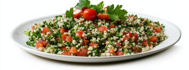 A plate of Middle Eastern tabbouleh salad with parsley and tomatoes, isolated white background, surreal art style