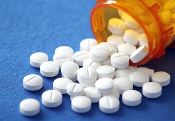 white pills spilling out of a bottle on blue background