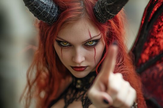 Redhead woman wearing devil horns and red wings pointing finger at viewer