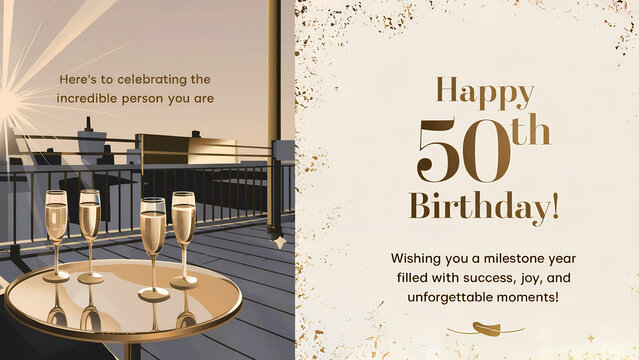 Elegant 50th birthday card with golden champagne theme - Powered by Adobe