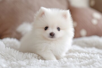 Adorable white pomeranian puppy relaxing on soft blanket