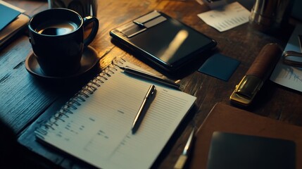 A workspace featuring a coffee cup, notebook, pen, and electronic devices, ideal for productivity.