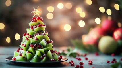 A creative Christmas tree made of sliced kiwi and pomegranate seeds, glowing with festive lights in the background
