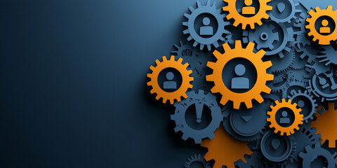 Blue and orange gears with user icons symbolizing teamwork, collaboration, and operational workflow against a dark background. Perfect for business, technology, and process concepts.