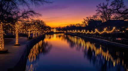 Obraz premium Cityscapes and reflections on the water at dusk during the Christmas and New Year festivals.