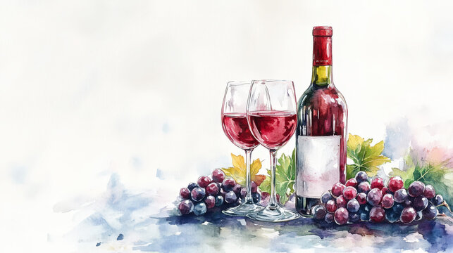 Watercolor image of wine bottle and glasses with grapes, light background. Copy space. Winery invitation. Generative AI