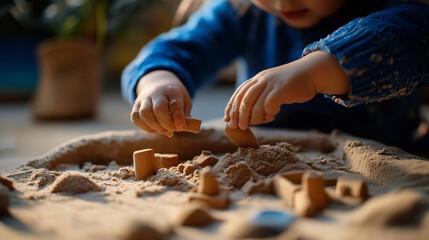 Children Playing with a Wooden Sensory Sandbox, Crafting Miniature Landscapes and Figures in a Warm and Interactive Learning Environment