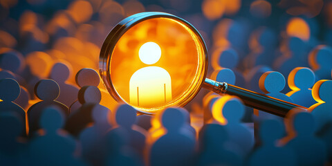 A magnifying glass highlighting a glowing orange user icon in a blue-toned crowd, symbolizing recruitment, customer focus, and individualized analytics for business and strategy concepts