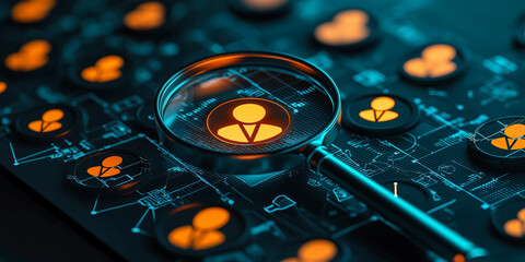 A magnifying glass highlighting orange user icons on a tech-inspired digital interface, symbolizing precision recruitment, analytics, and technological innovation for businesses.