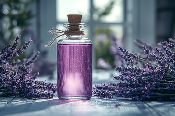 Glass bottle of Lavender essential oil with fresh lavender flowers and dried lavender seeds on white wooden rustic table, aromatherapy spa massage concept. Lavendula oleum
