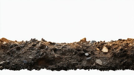 A detailed side view of a dirt pile, with visible particles and earthy hues, isolated on a white background