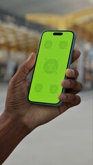 GREEN SCREEN CHROMA KEY Hand holding smartphone with green screen at a bus station, ideal for app or map mockups in urban transit settings