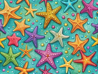 Summer Marine Background with Colorful Hand-Drawn Sea Starfishes for Gift Wrap, Textile, and Home Decor Inspiration