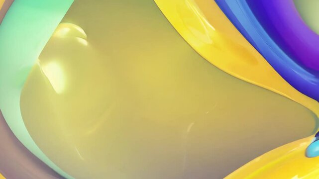 Overlapping elliptical shapes create an abstract floral pattern with vibrant yellows, purples, and greens. smooth and glossy textures with subtle highlights