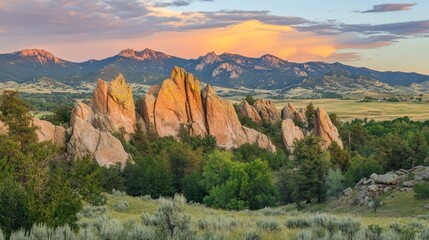 Scenic landscape featuring rocky formations and mountains at sunset.