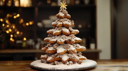 A festive gingerbread tree with snowy icing sugar and warm holiday spices, perfect for a Christmas centerpiece