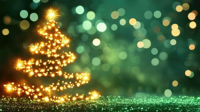 A festive light display forming the outline of a Christmas tree against a green backdrop, radiating holiday spirit