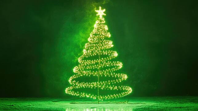 A festive light display forming the outline of a Christmas tree against a green backdrop, radiating holiday spirit