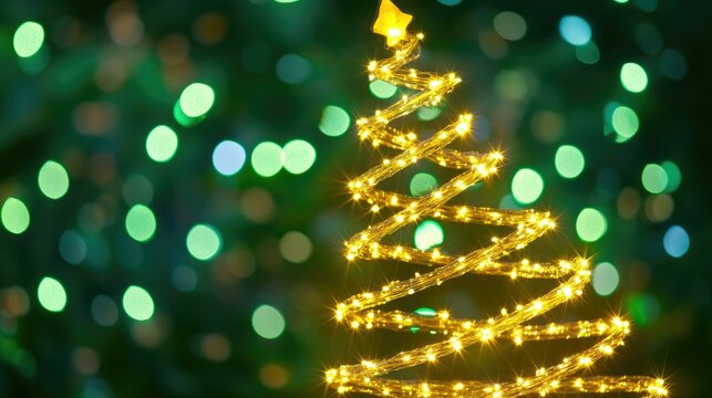 A festive light display forming the outline of a Christmas tree against a green backdrop, radiating holiday spirit