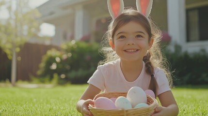 A little girl wearing bunny ears happily searches for Easter eggs.