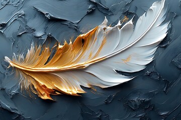 Abstract artistic background. Vintage illustration, feathers, blue, gold brushstrokes. Textured background. Oil on canvas. modern Art. grey, wallpaper, poster, card, mural, print, wall art