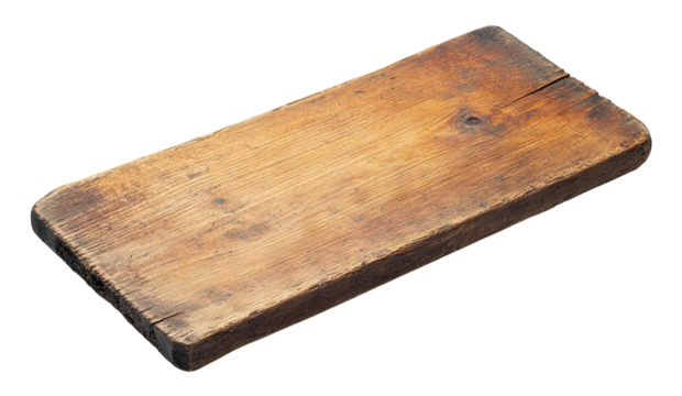 Rustic wooden board with textured surface, isolated on transparent cutout background