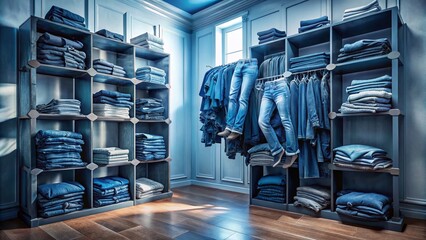 Fototapeta premium Surreal Closet Scene with a Stack of Jeans on Shelf, Exploring the Concepts of Buying, Selling, Shopping, and Fashion in a Dreamlike Atmosphere
