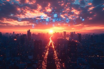 Fototapeta premium Telecommunication connections above smart city. Futuristic cityscape concept for internet of things (IoT), fintech, blockchain, 5G LTE network, wifi hotspot access, cyber security, digital technology