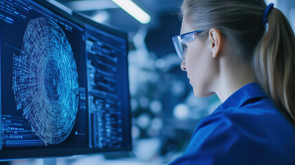 Woman analyzing complex data on computer in a modern tech environment