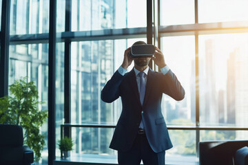 Businessman using virtual reality headset in a modern office