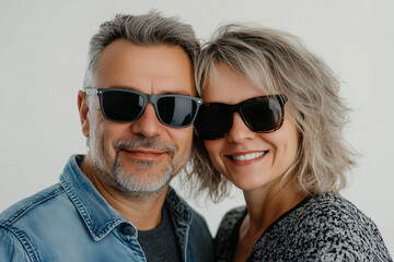 Obraz premium Middle aged couple over isolated white background with sunglasses