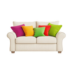 cozy cream sofa adorned with vibrant, colorful cushions, perfect for any living space. isolated on transparent background