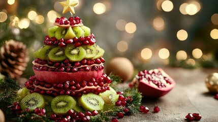 A kiwi and pomegranate Christmas tree stands out against twinkling fairy lights, adding a healthy twist to holiday decor
