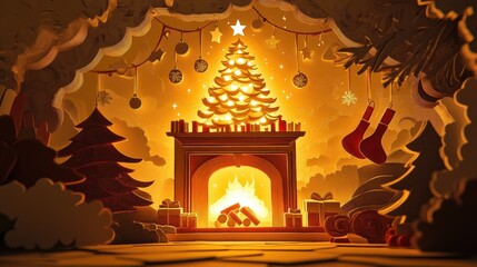 A layered paper cut holiday banner featuring stockings, a fireplace, and a glowing Christmas tree