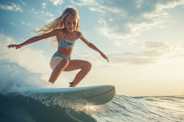 Young pretty blonde woman surfing in the sea