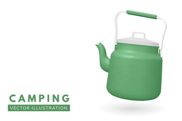 Green camping kettle water boiler isolated on white background. Vector illustration. 3D Camping pot kettle for outdoor enthusiasts, hikers, and survivalists.