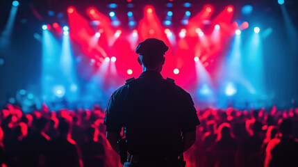 Police officer overseeing concert crowd under vibrant red and blue lights